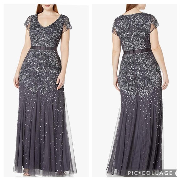 Adrianna papell Gunmetal grey sequin& beaded cap sleeves Long Dress - Picture 4 of 15